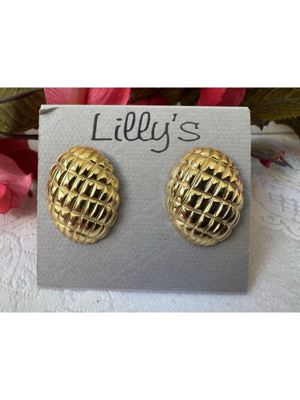 Lilly's Vintage 1" Gold Tone Textured Huggie Ovals Earrings Post Back RARE